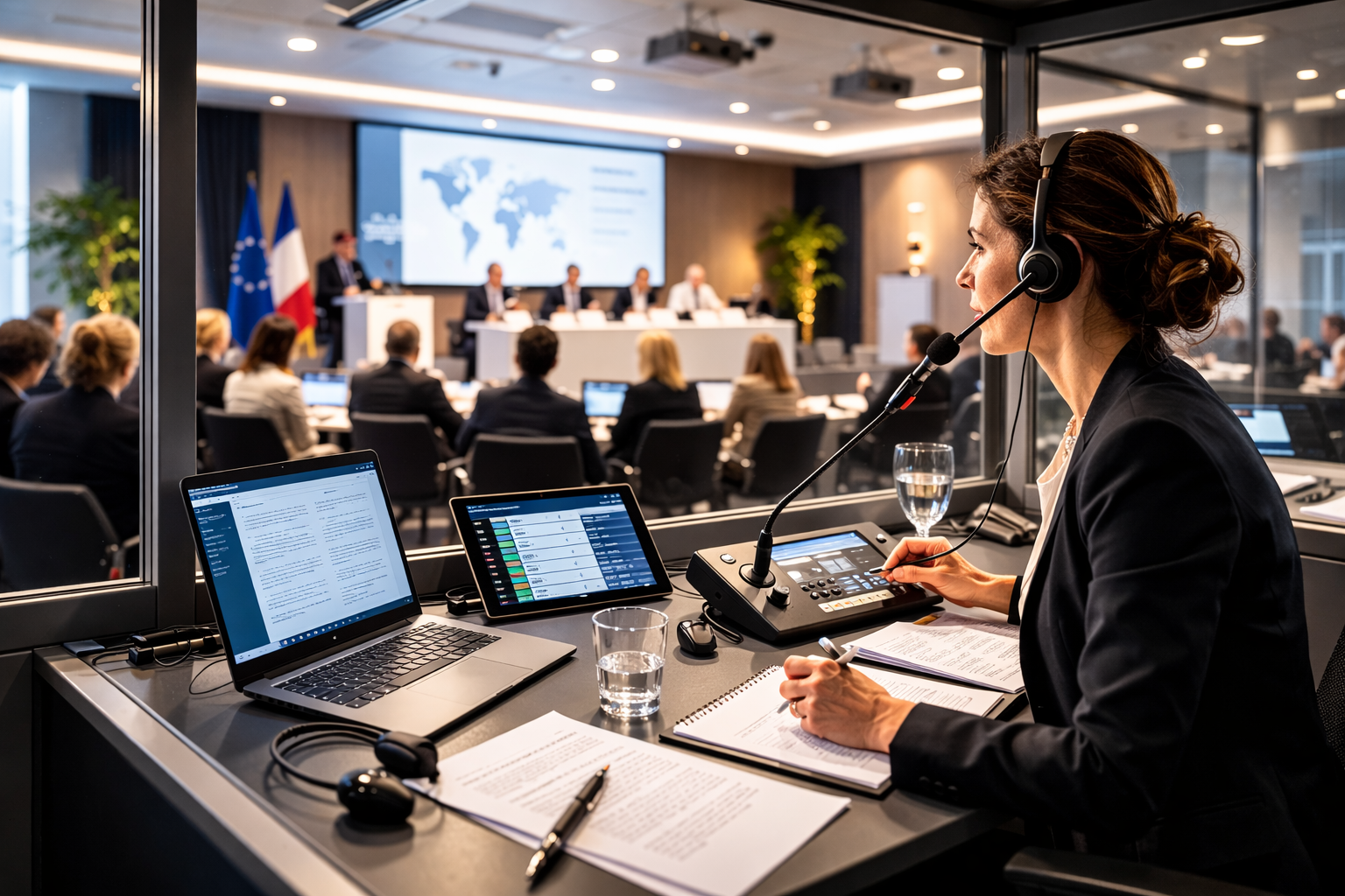 Interprète professionnelle en cabine lors d'une conférence internationale